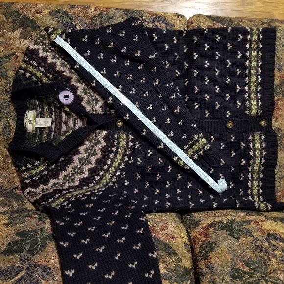 Fair Isle navy-black/beige/green wool cardigan M, (L), Point Zero Nicole Benisti - Picture 6 of 11